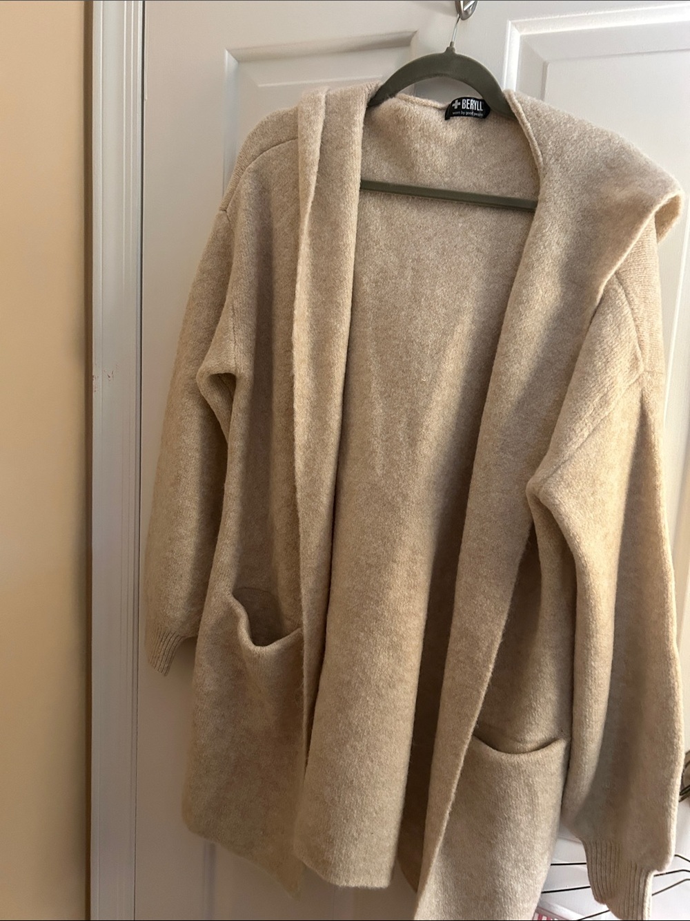 Beulah Beige Hooded Open-Front Women's Cardigan